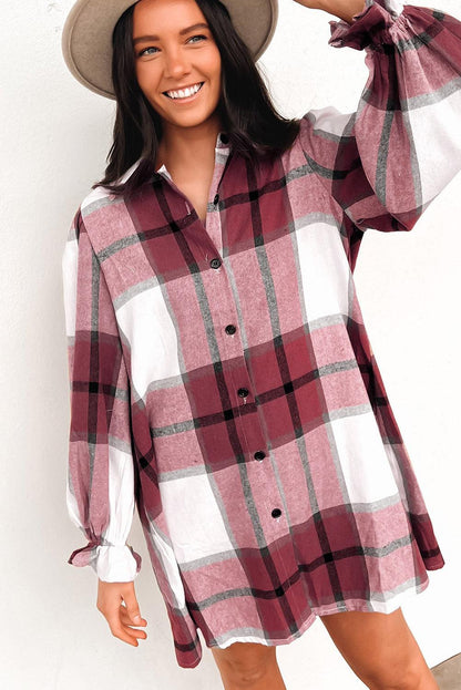 Khaki Plaid Pattern Collared Neck Ruffled Sleeve Shirt Dress - L & M Kee, LLC