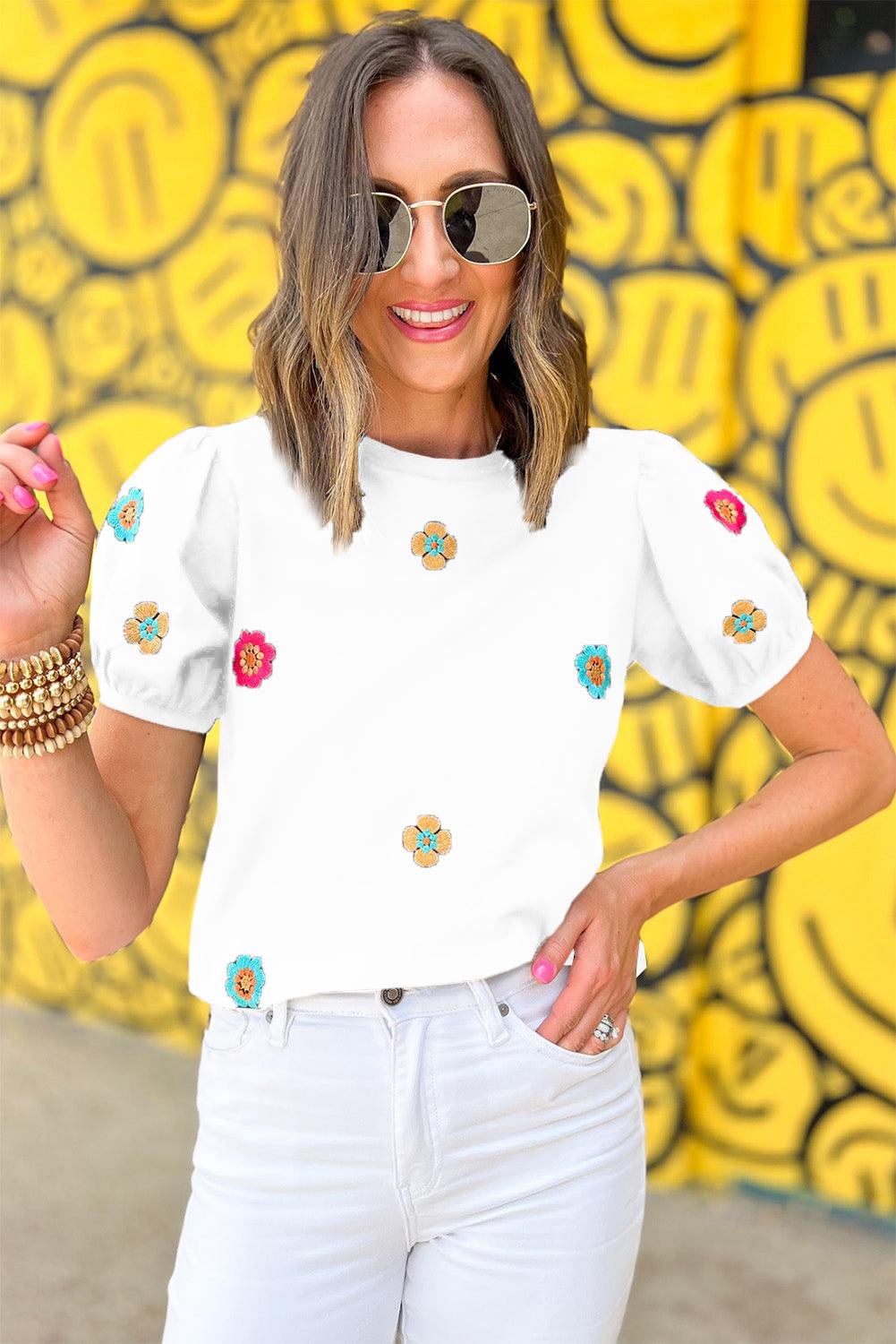 Black Embroidered Flower Short Puff Sleeve Tee - L & M Kee, LLC