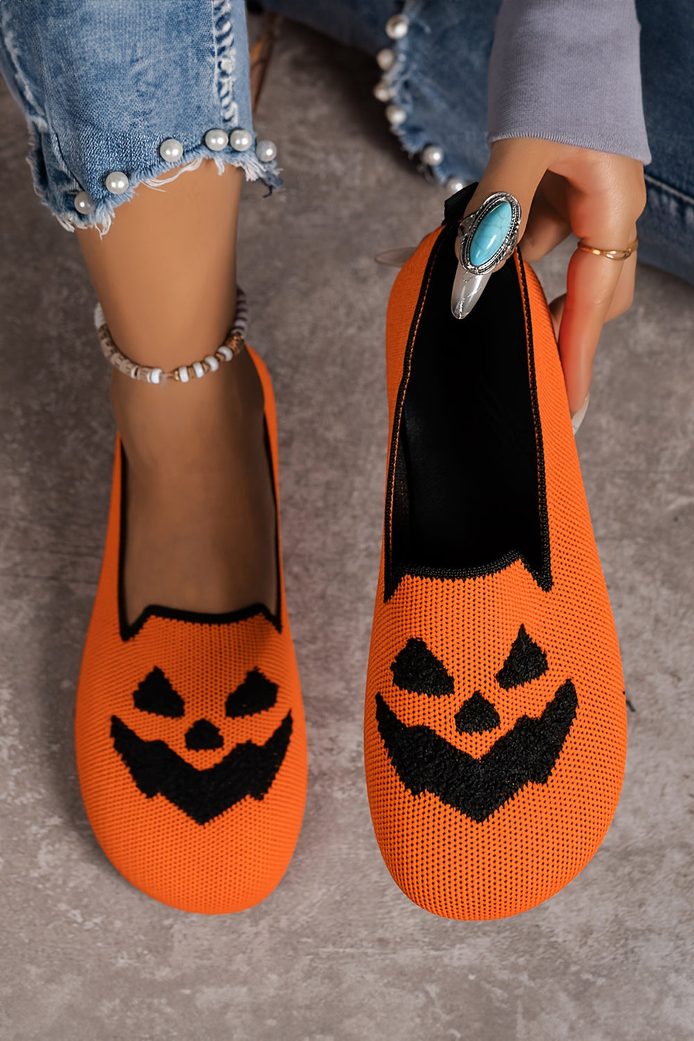 Orange Halloween Pumpkin Face Slip On Flats