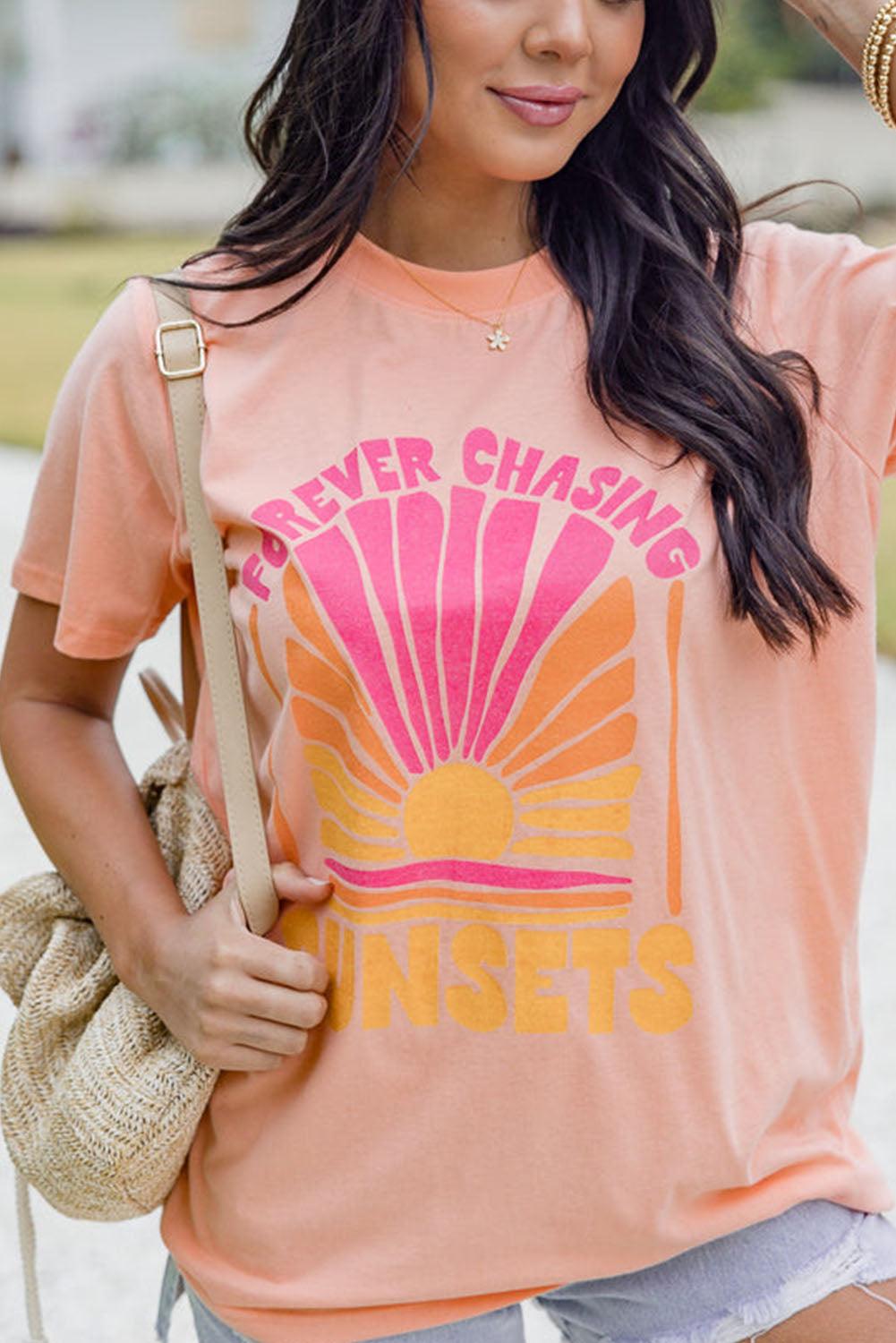 Pink FOREVER CHASING SUNSET Graphic T Shirt - L & M Kee, LLC