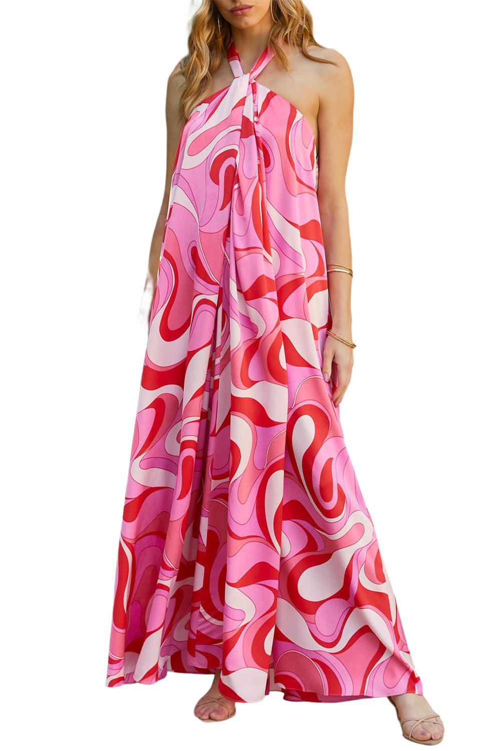 Abstract Swirl Print Halter Maxi Dress - L & M Kee, LLC