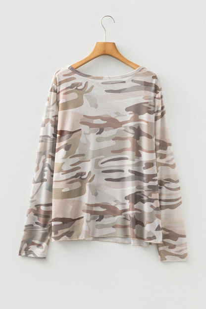 Green Plus Size Western Camo Print Mesh Long Sleeve Top