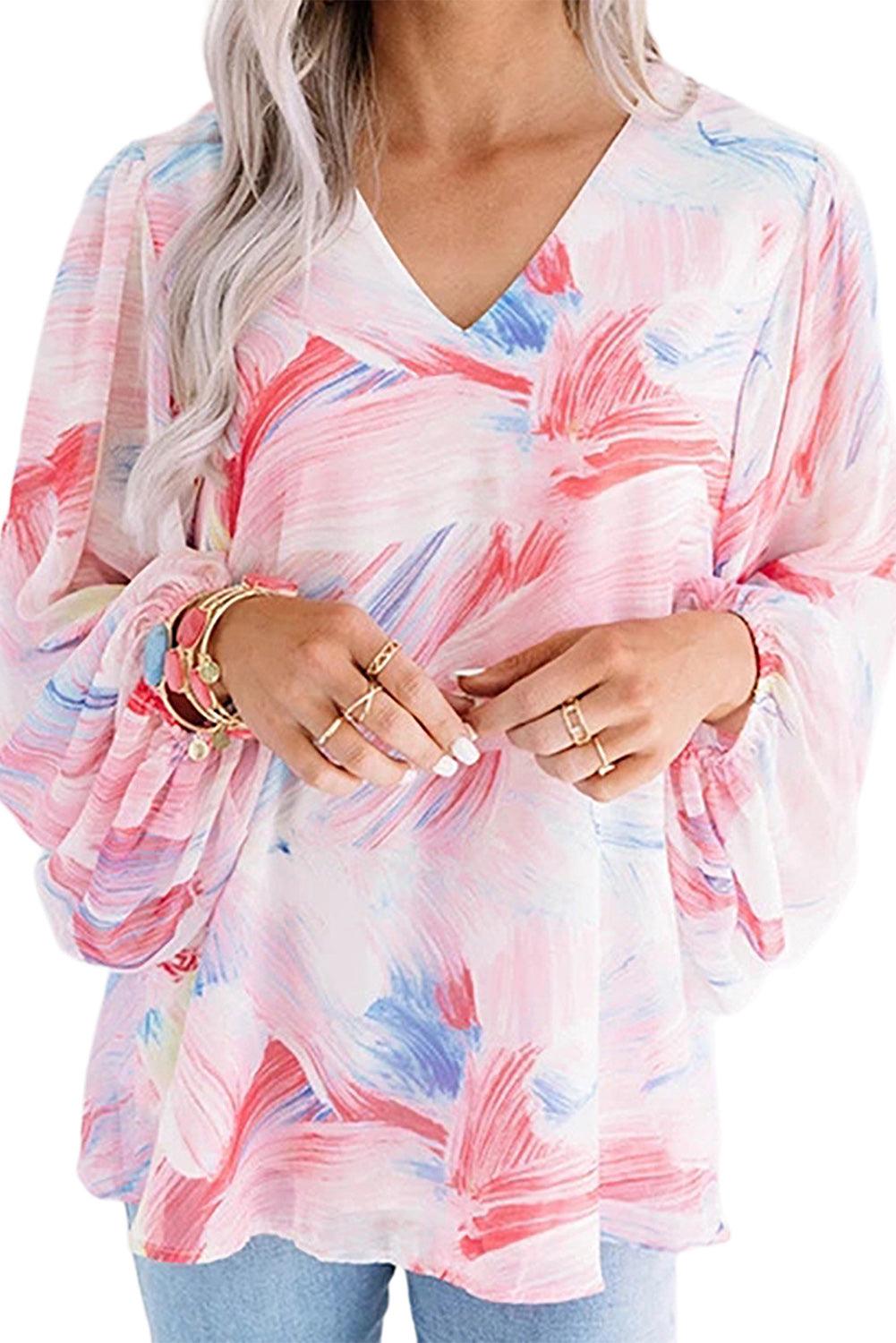 Pink Abstract Print Balloon Sleeve V-Neck Blouse - L & M Kee, LLC