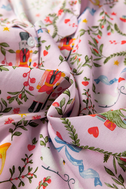 Pink Christmas Holiday Print Nutcracker Long Sleeve Shorts 2pcs Pajama Set
