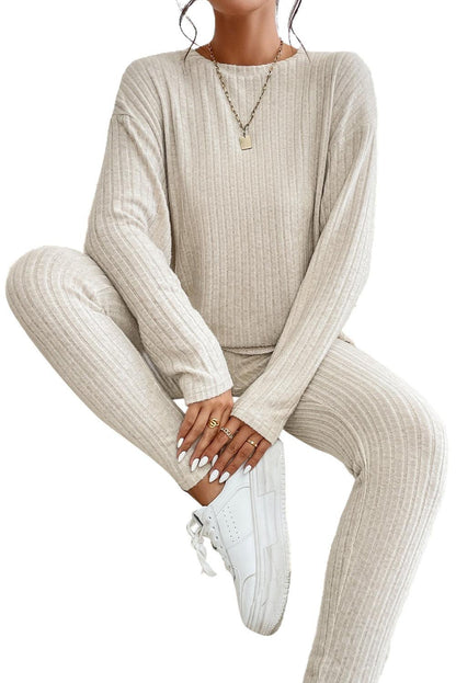 Khaki Ribbed Knit V Neck Slouchy Two-piece Outfit - L & M Kee, LLC