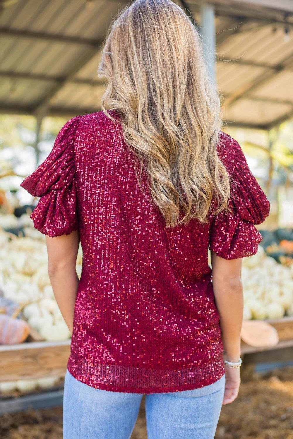 Burgundy Glittering Sequin Short Bubble Sleeve Blouse - L & M Kee, LLC