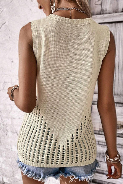 Beige Pointelle Detail Solid Color Knit Sweater Vest - L & M Kee, LLC