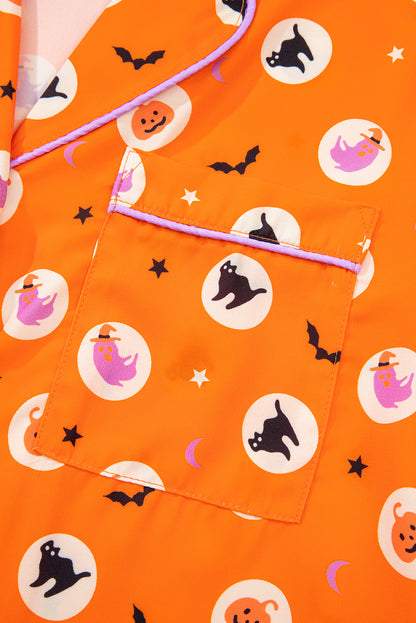 Orange Halloween Print Lapel Shirt Long 2pcs Pajama Set
