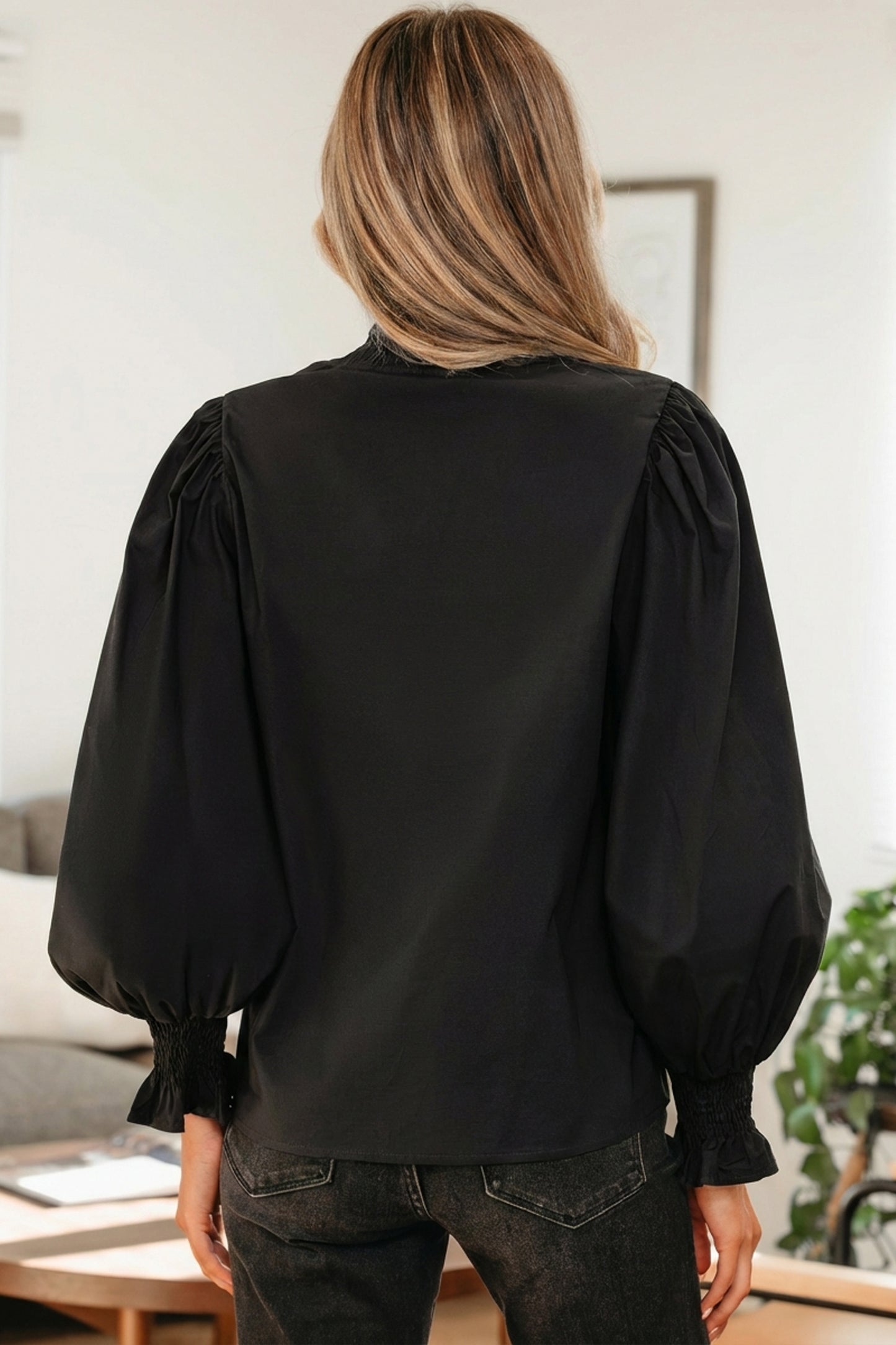 Black Puffy Flounce Sleeve Leopard Trim V Neck Blouse
