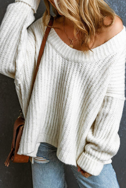 White Ribbed Knit Round Neck Slouchy Chunky Sweater - L & M Kee, LLC