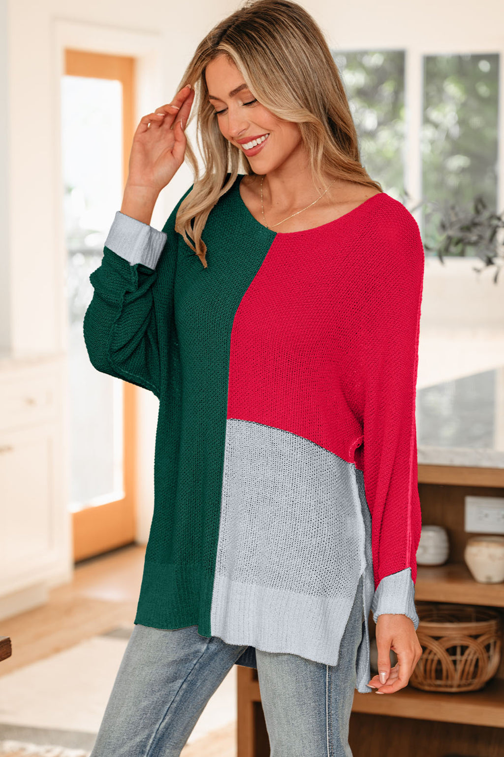 Chestnut Color Block Knit V Neck Loose Sweater