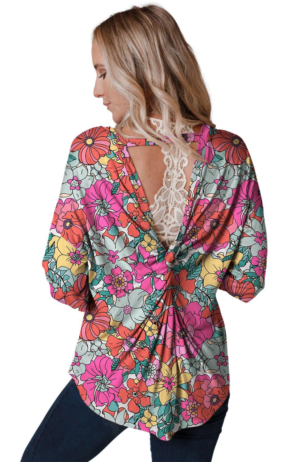 Multicolor Twisted Hollow-out Back Floral Long Sleeve Top - L & M Kee, LLC