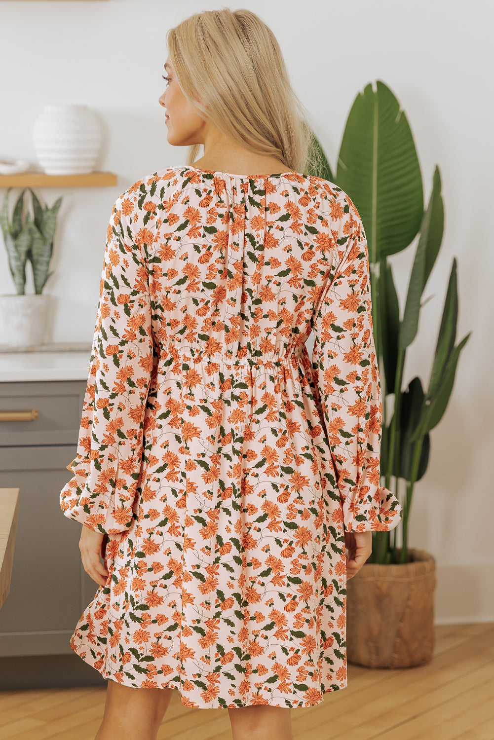 Black Floral Deep V Neck Smocked Bust Bubble Sleeve Babydoll Dress