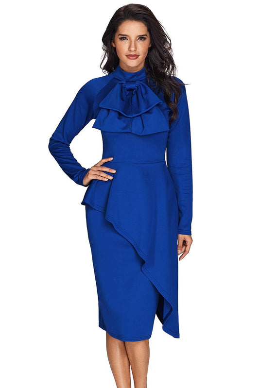 Royal Blue Asymmetric Peplum Style Pussy Bow Dress - L & M Kee, LLC