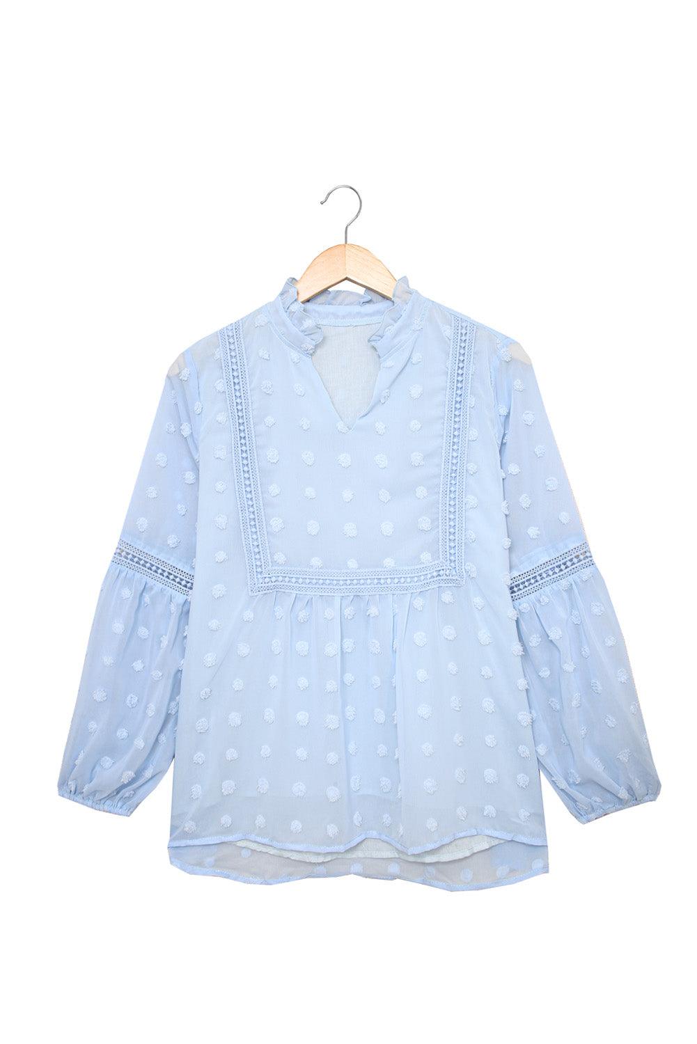 Blue Ruffled Split Neck Lace Hollow Out Puff Sleeve Polka Dot Blouse - L & M Kee, LLC