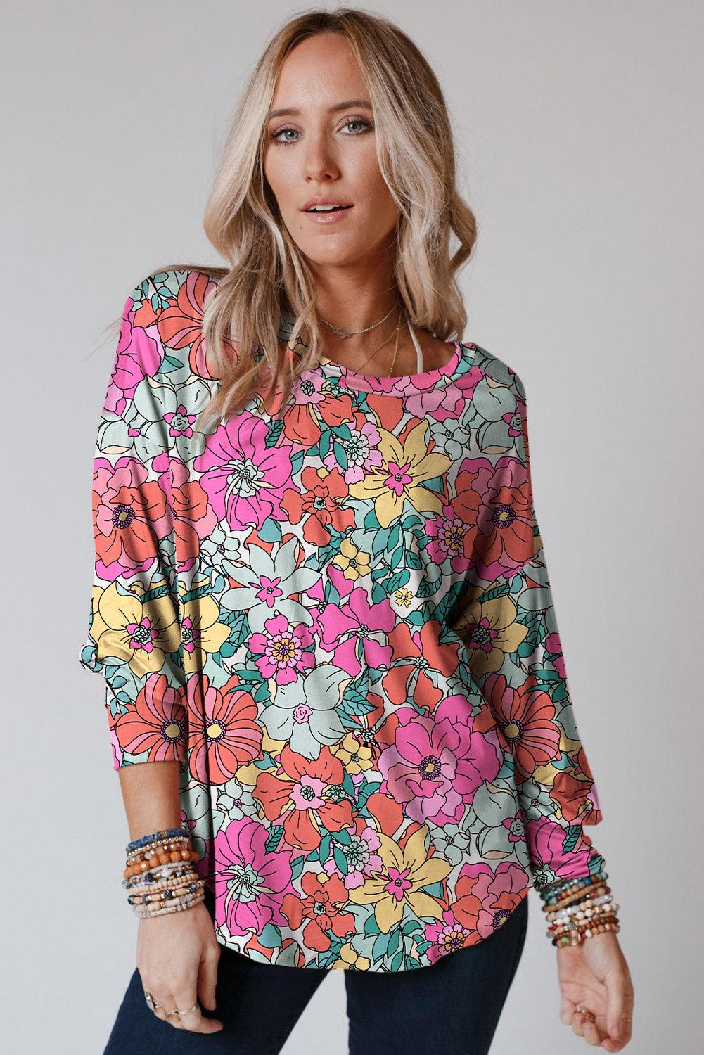 Multicolor Twisted Hollow-out Back Floral Long Sleeve Top - L & M Kee, LLC