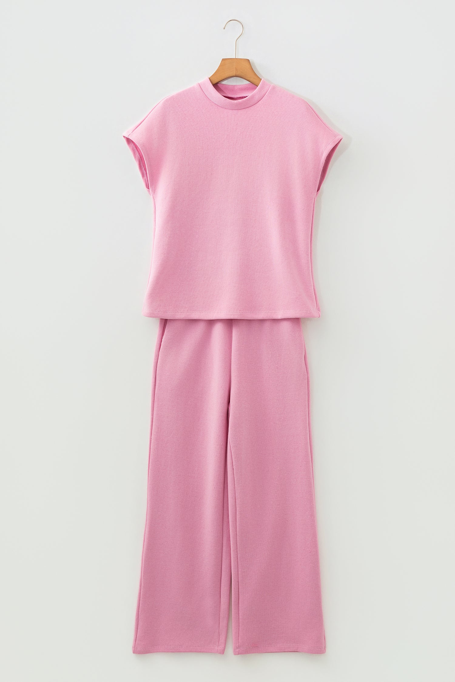 Pink Textured Knit High Neck Loose Tee Elastic Waist Loose Pant Set