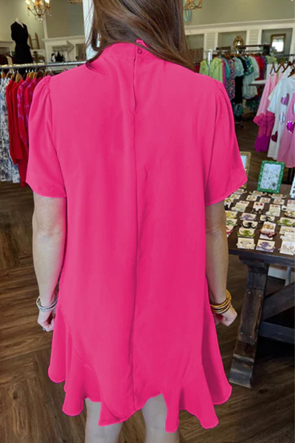 Bright Pink Solid Color Ribbon Tie Neck Ruffled Mini Dress - L & M Kee, LLC