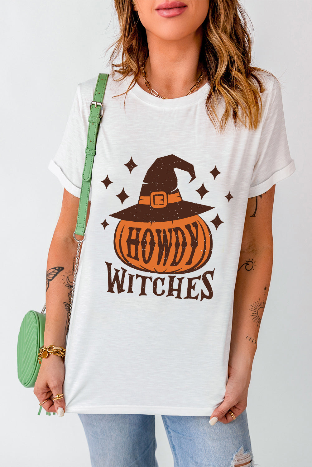 White HOWDY WITCHES Pumpkin Graphic Halloween T Shirt