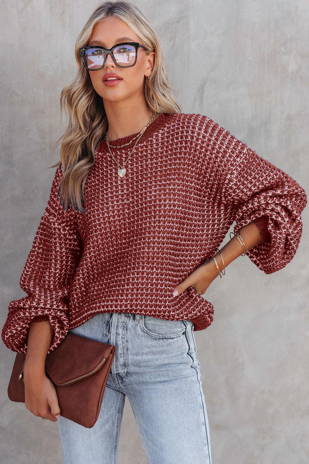 Red Heathered Knit Drop Shoulder Puff Sleeve Sweater - L & M Kee, LLC