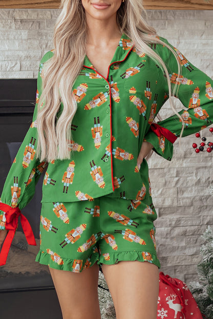 Green Christmas Candy Contrast Trim Bow Knot Silky 2pcs Pajama Set