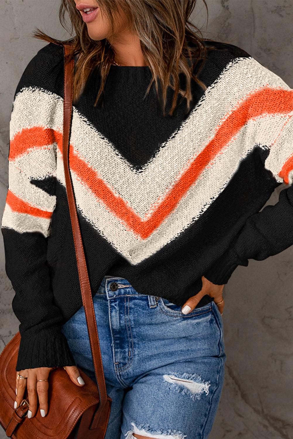 Black Chevron Striped Drop Shoulder Sweater - L & M Kee, LLC