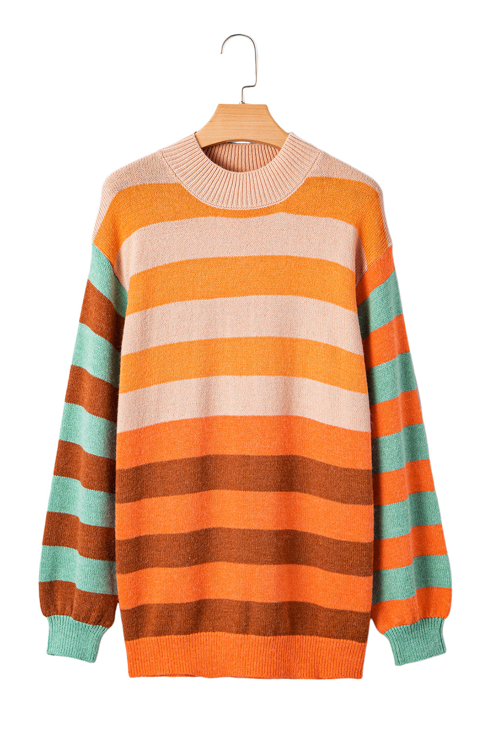 Orange Stripe Color Block High Neck Drop Shoulder Cozy Sweater