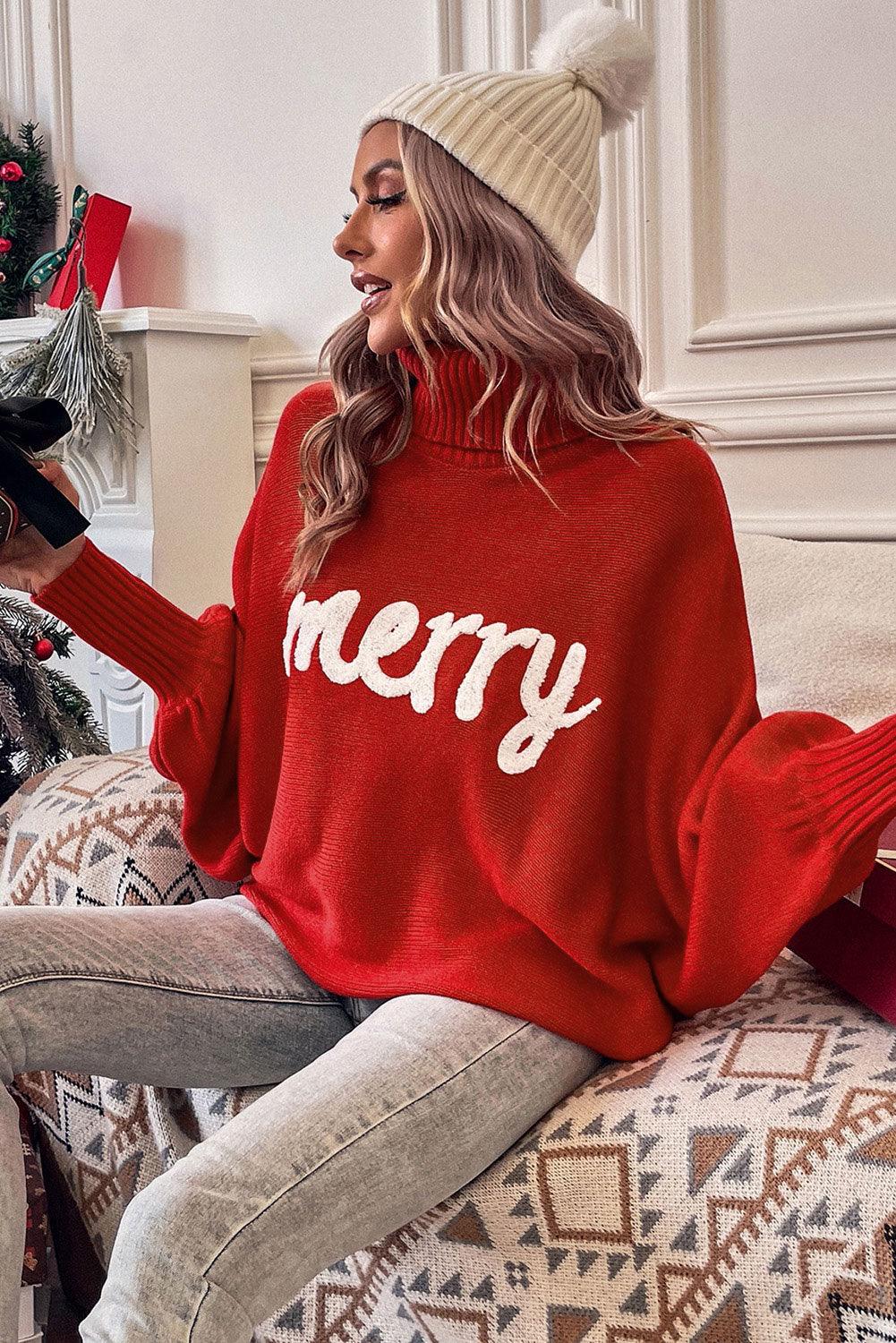 Red Merry Letter Embroidered High Neck Sweater - L & M Kee, LLC