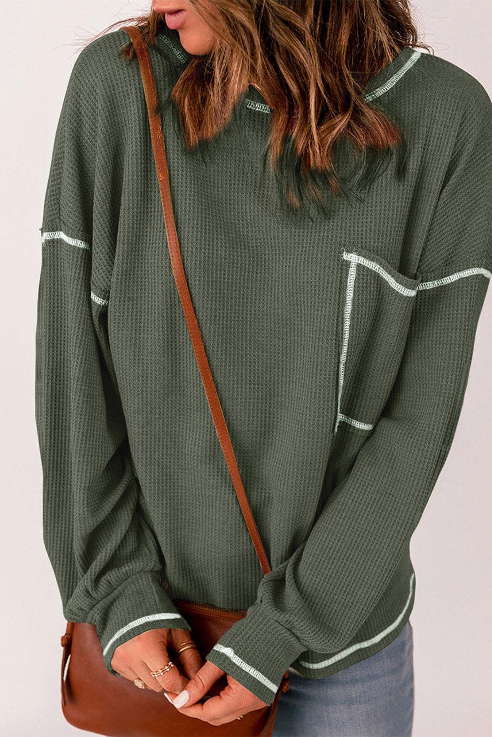 Mist Green Contrast Exposed Stitching Waffle Knit Blouse - L & M Kee, LLC