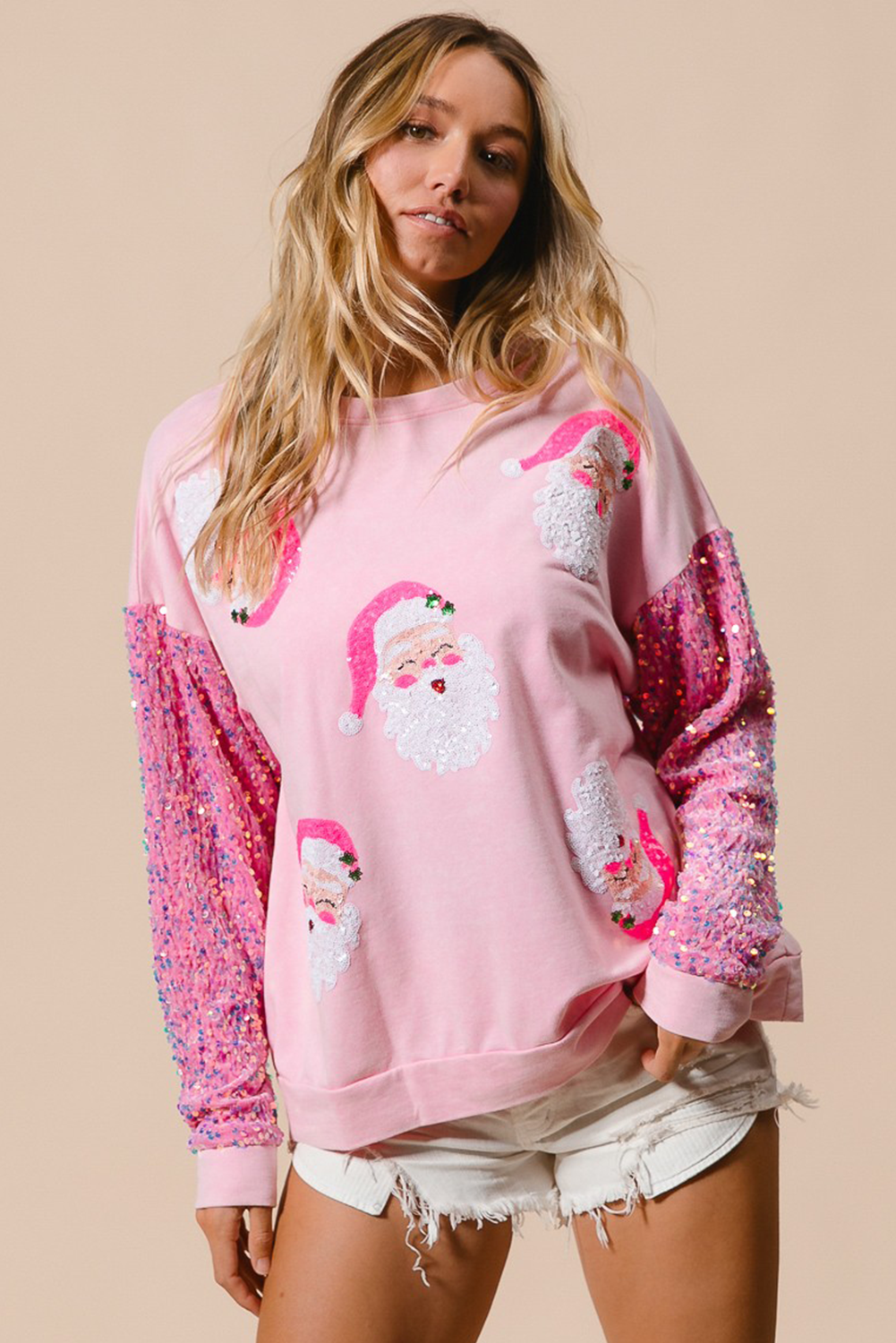 Moonlight Jade Sequined Santa Claus Long Sleeve Christmas Sweatshirt