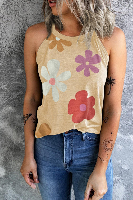 Khaki Flower Print Round Neck Tank - L & M Kee, LLC