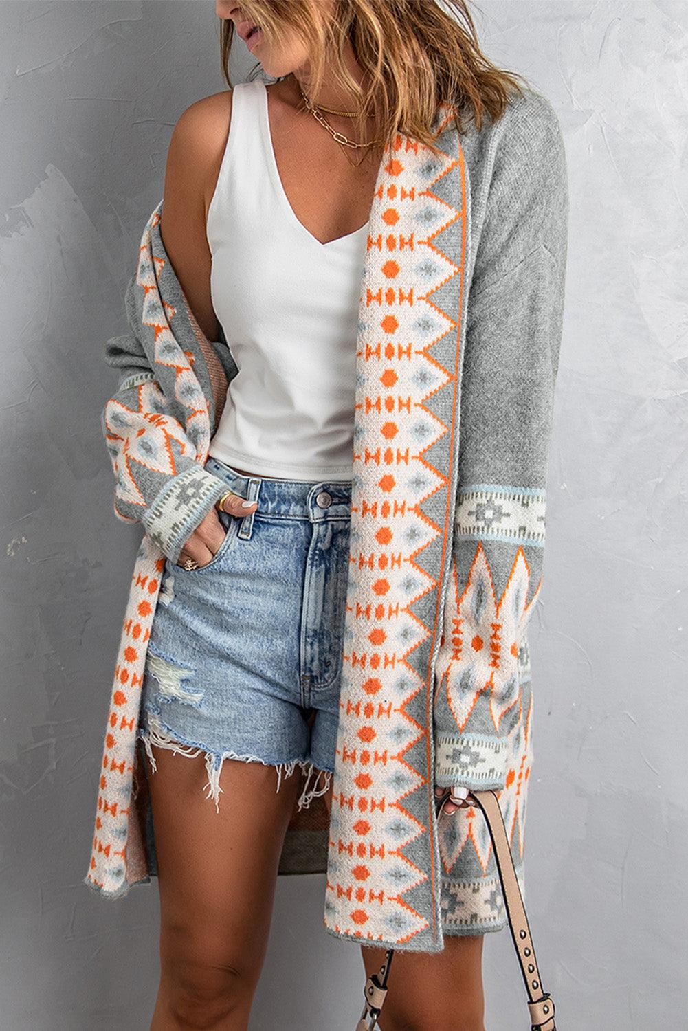 Gray Aztec Print Open Front Knitted Cardigan - L & M Kee, LLC