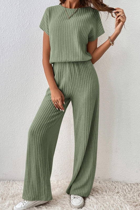 Grass Green Solid Color Ribbed Short Sleeve Wide Leg Jumpsuit - L & M Kee, LLC