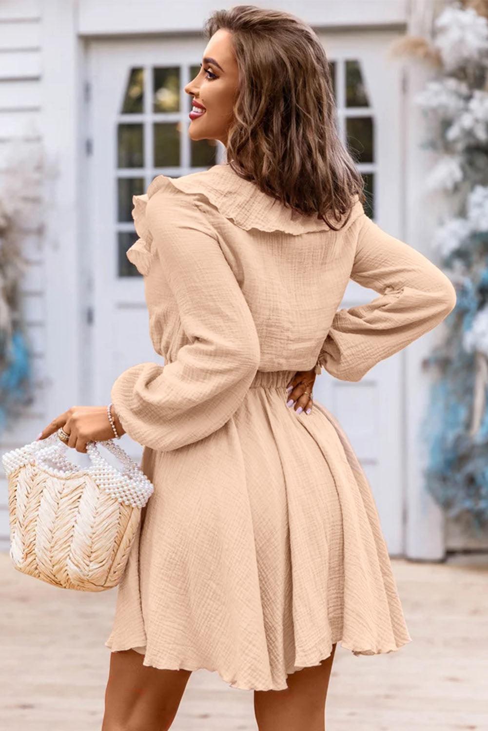 Khaki Textured Ruffled V Neck High Waist Mini Dress - L & M Kee, LLC