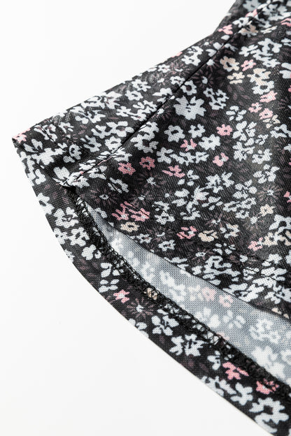 Black Ditsy Floral Mesh Thumbhole Sleeve Slim Fit Top