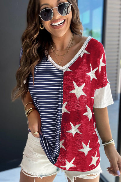 Multicolor Stripes Stars Print Knit Short Sleeves Top - L & M Kee, LLC