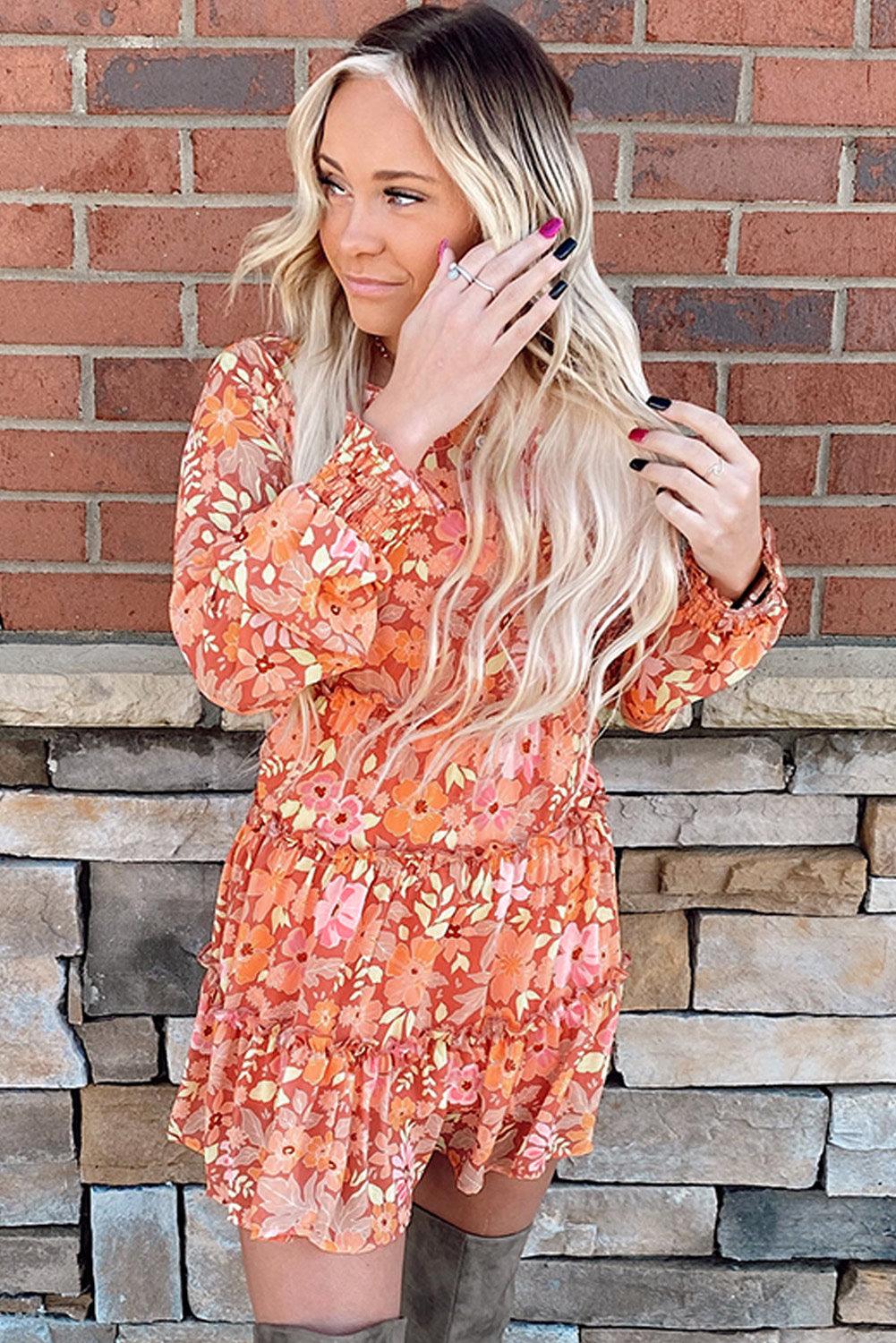 Printed Floral Long Sleeve Frill Tiered Mini Dress - L & M Kee, LLC