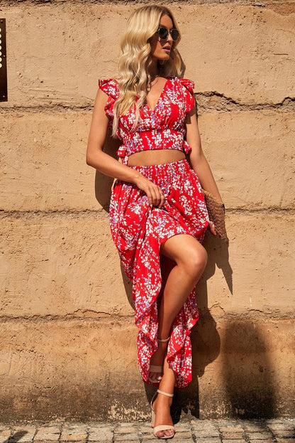 White Floral Ruffled Crop Top and Maxi Skirt Set - L & M Kee, LLC