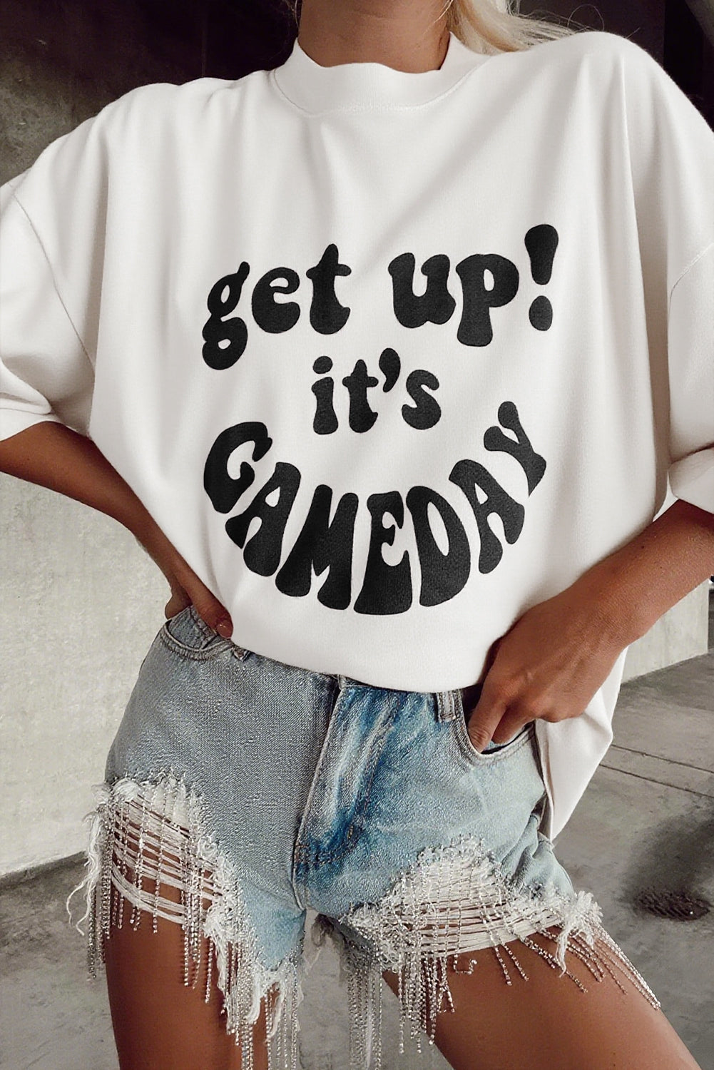Beige GAME DAY Slogan Printed Half Sleeve Oversize T Shirt