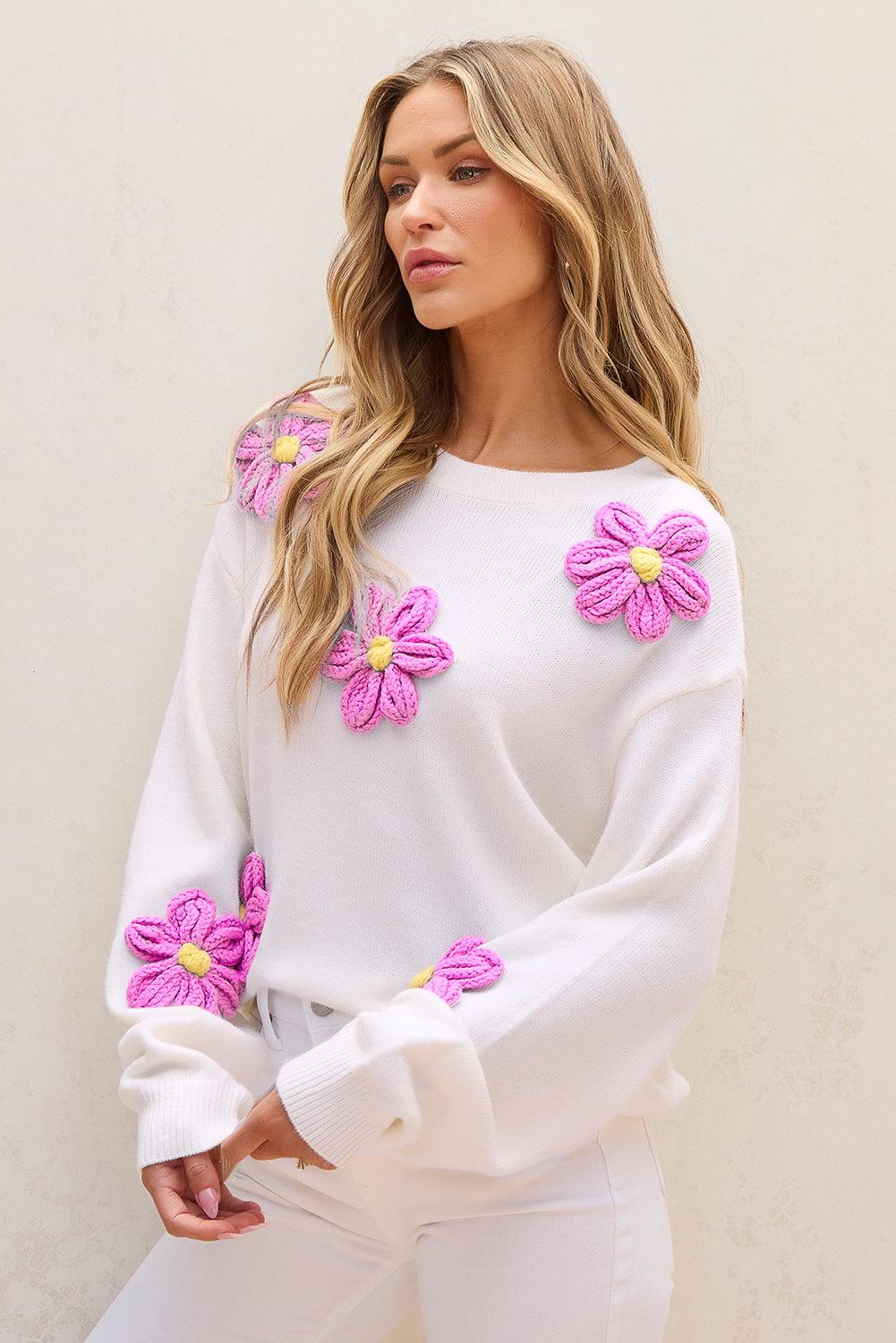 White Floral Crochet Chunky Knit Sweater - L & M Kee, LLC