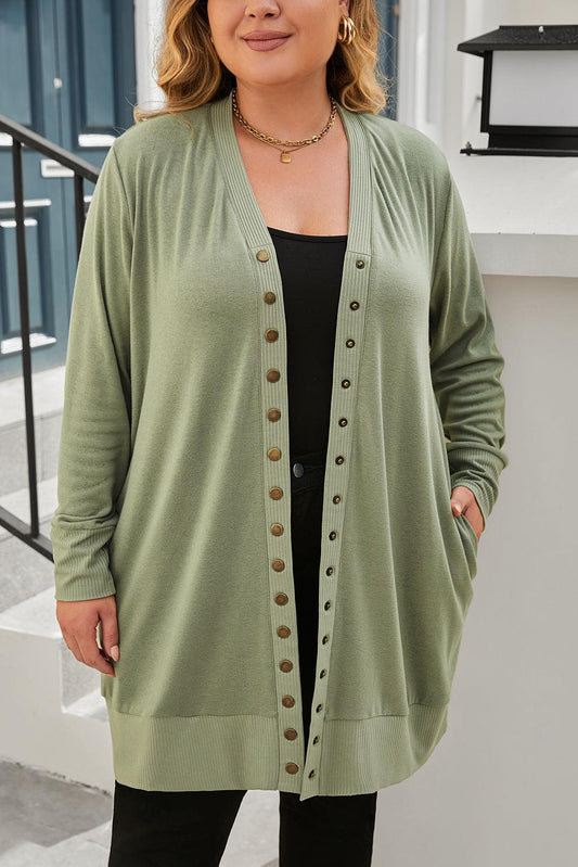 Green Plus Size Snap Buttons Front Knit Cardigan - L & M Kee, LLC