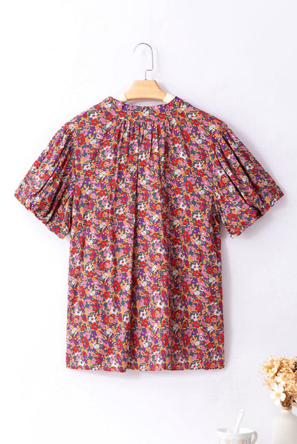 Purple Floral Print Knotted High Neck Puff Sleeve Blouse - L & M Kee, LLC