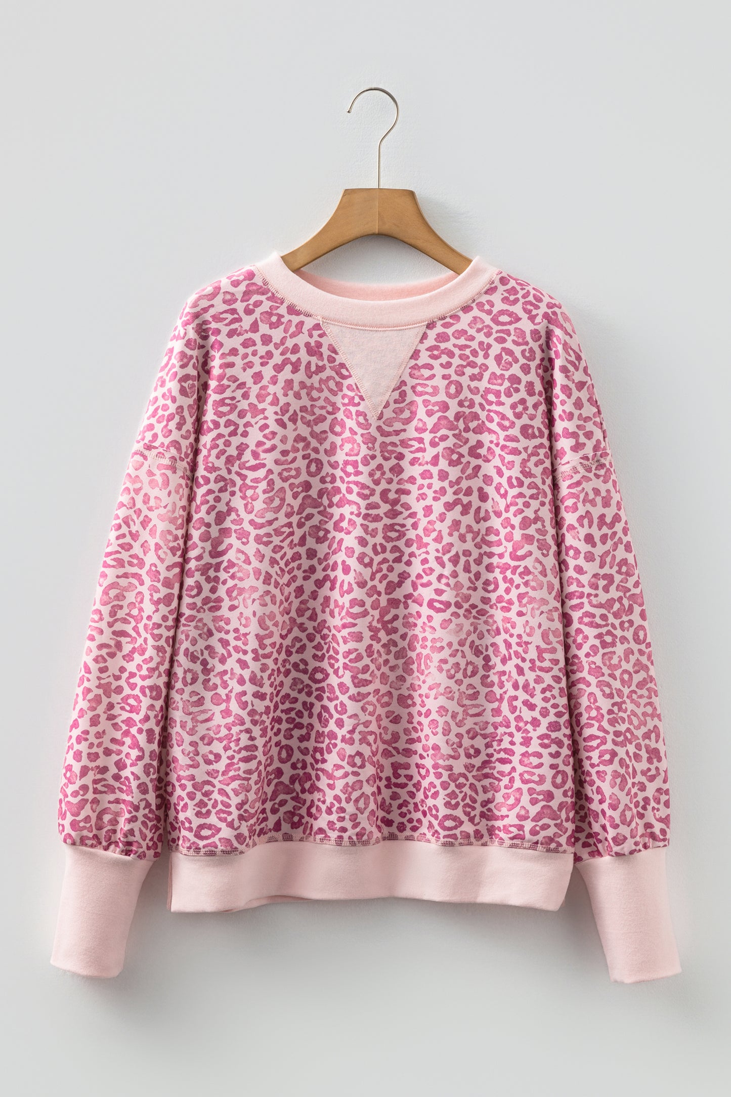 Pink Leopard Print Patchwork Crew Neck Sweatshirt