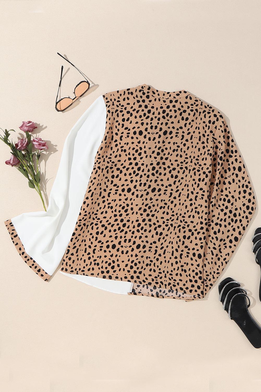 Khaki Leopard Contrast Half Button Casual Blouse - L & M Kee, LLC