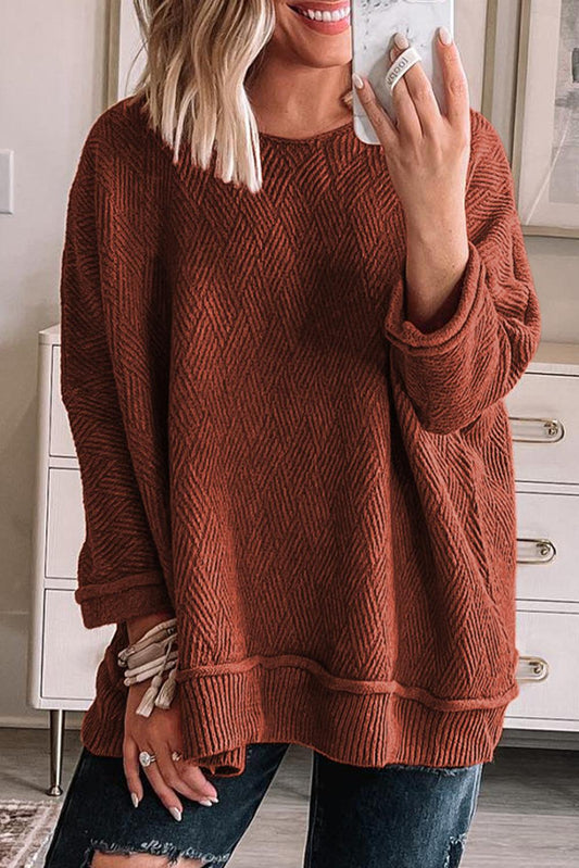 Gold Flame Solid Color Textured Crew Neck Loose Sweater - L & M Kee, LLC