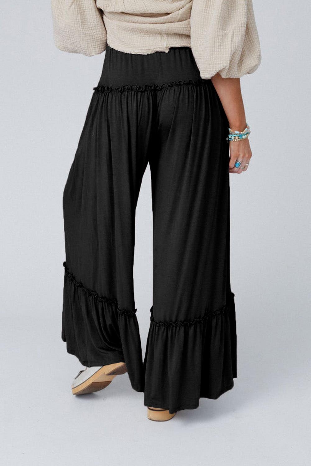 Black Frilled Drawstring High Waist Wide Leg Pants - L & M Kee, LLC