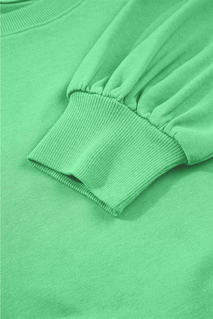 Bright Green Drop Shoulder Puff Sleeve Crop Pullover Drawstring Wide Leg Pants Set