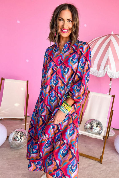 Multicolor Abstract Geometric Print Long Sleeve High Waist Dress - L & M Kee, LLC