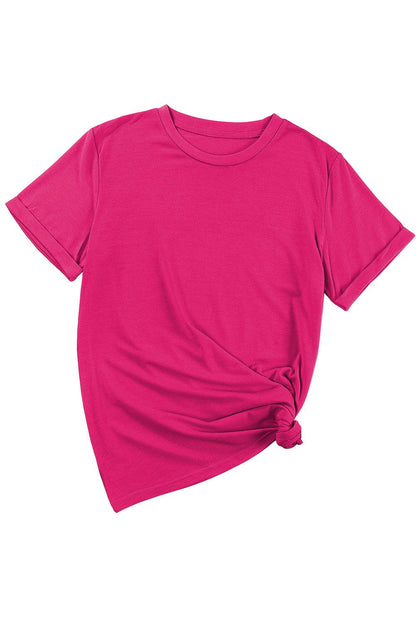 Rose Red Casual Plain Crew Neck Tee - L & M Kee, LLC