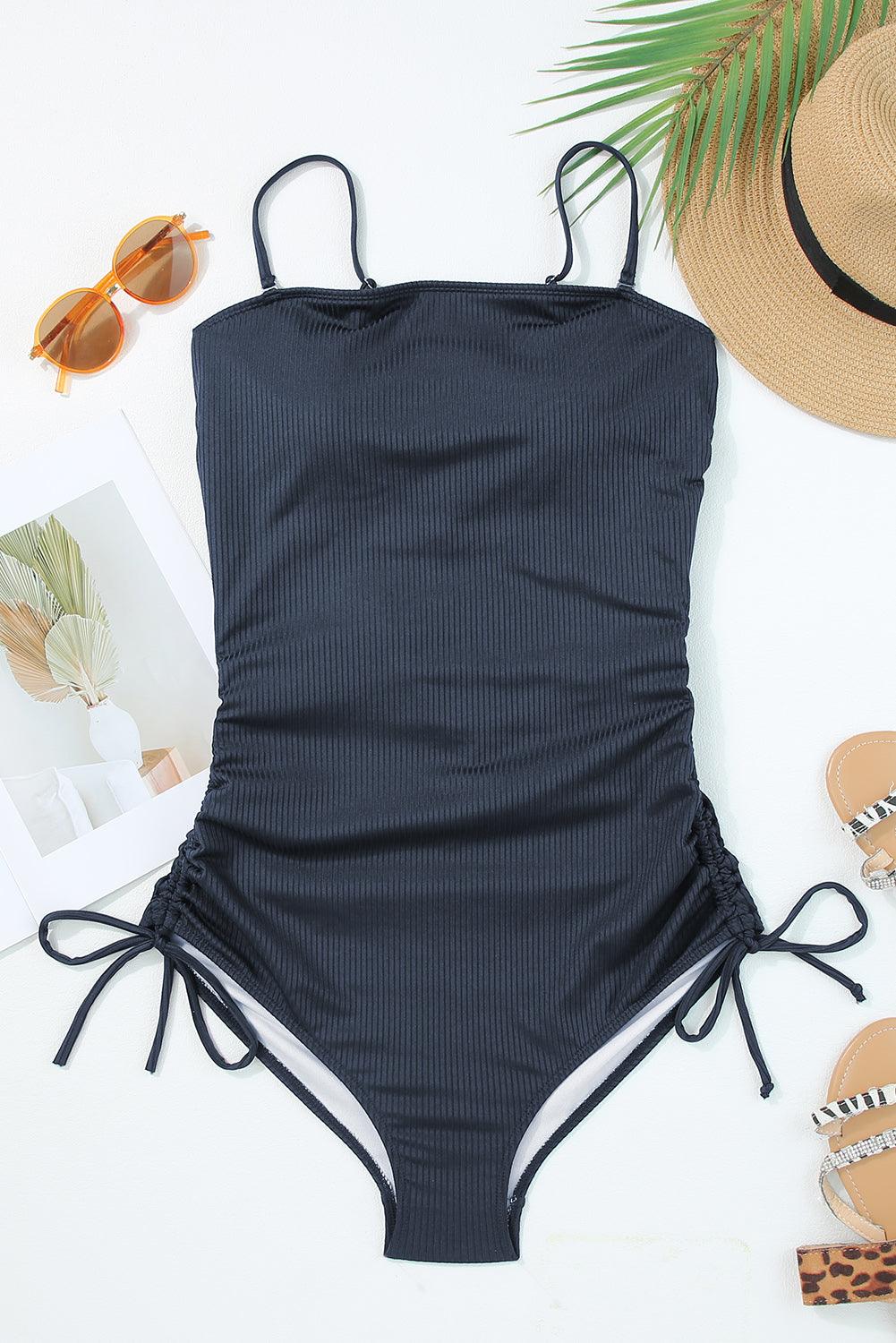 Navy Blue Ribbed Drawstring Sides Cutout One Piece Swimsuit - L & M Kee, LLC